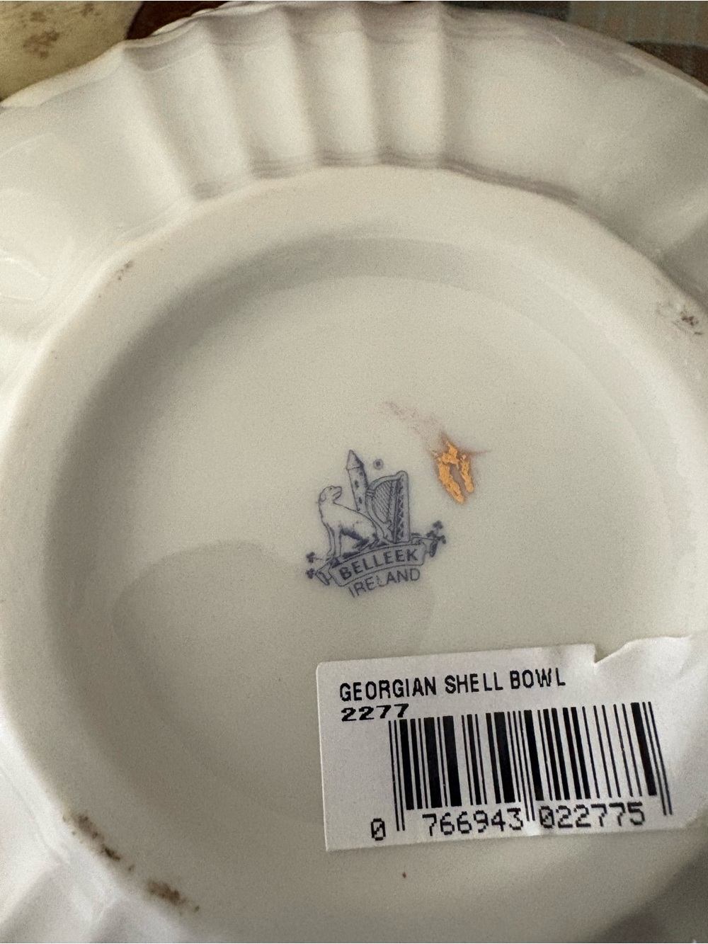 Belleek White Porcelain Shell Bowl with Blue Crest and Gold Spot